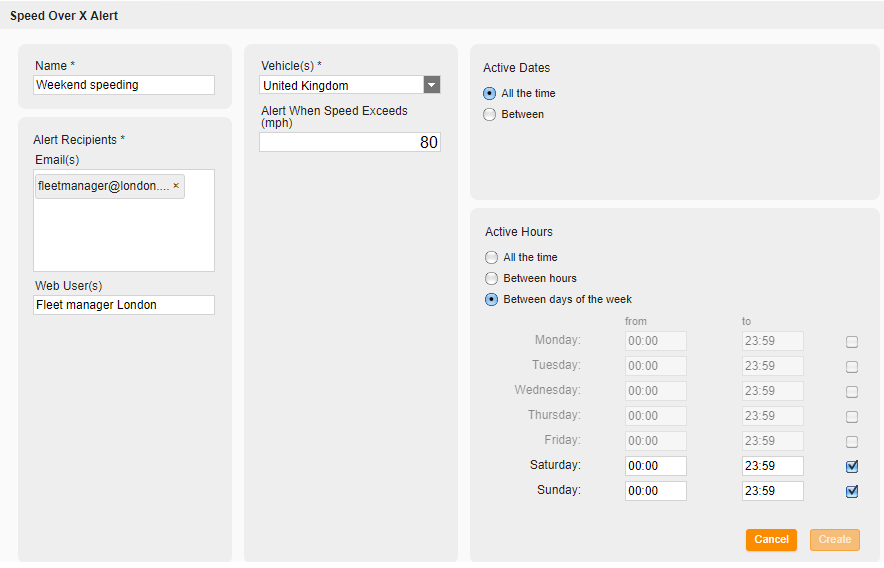 An alert set up specifically for weekend speeding.